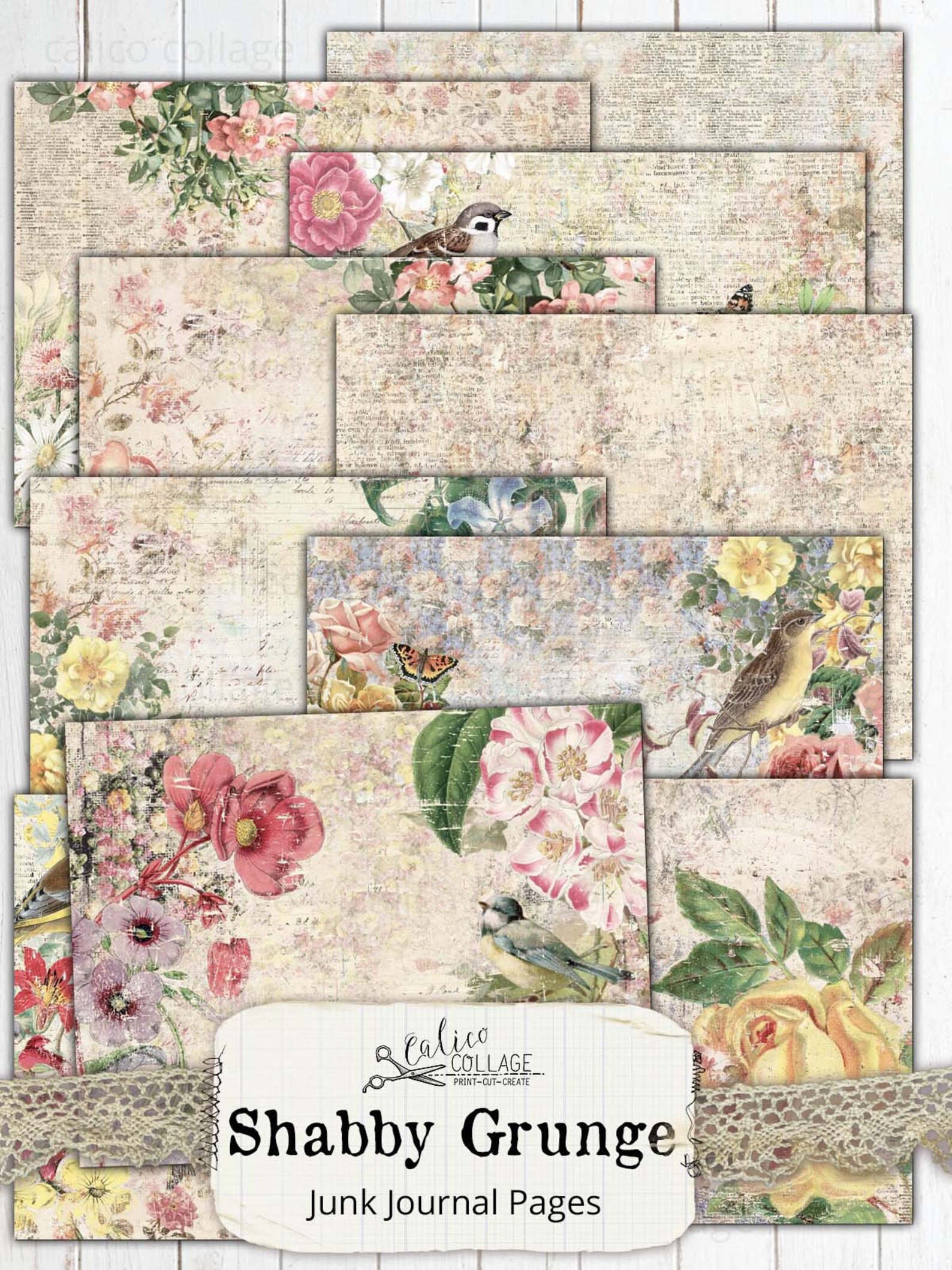 Grunge Collage Sheets, Botanical Junk Journal Kit Pages, Ephemera Paper ...
