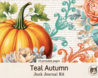 Kit de diario basura de otoño verde azulado, diario basura de otoño, efímera de otoño de descarga digital, artículos de diario basura de temporada, efímera verde azulado y naranja