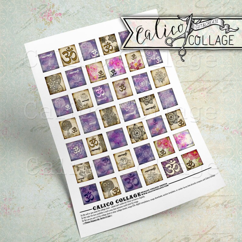 May include: A sheet of printable digital collage paper with 36 squares featuring a variety of designs. Each square has a purple and white watercolor background with a mandala, flower, or Om symbol. The text "Calico Collage" is printed at the bottom of the sheet.