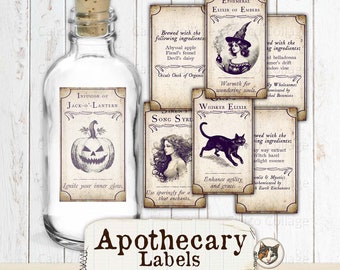 Etichette da farmacista, Ephemera di Halloween stampabile, Etichette di Halloween vintage, Creazione di Halloween, Foglio di collage di download digitale, Creazione di carte