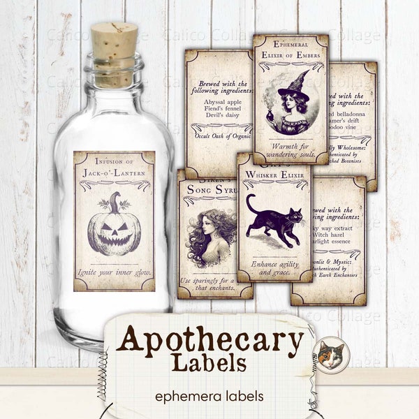 Apothecary Labels, Printable Halloween Ephemera, Vintage Halloween Labels, Halloween Crafting, Digital Download Collage Sheet, Card Making