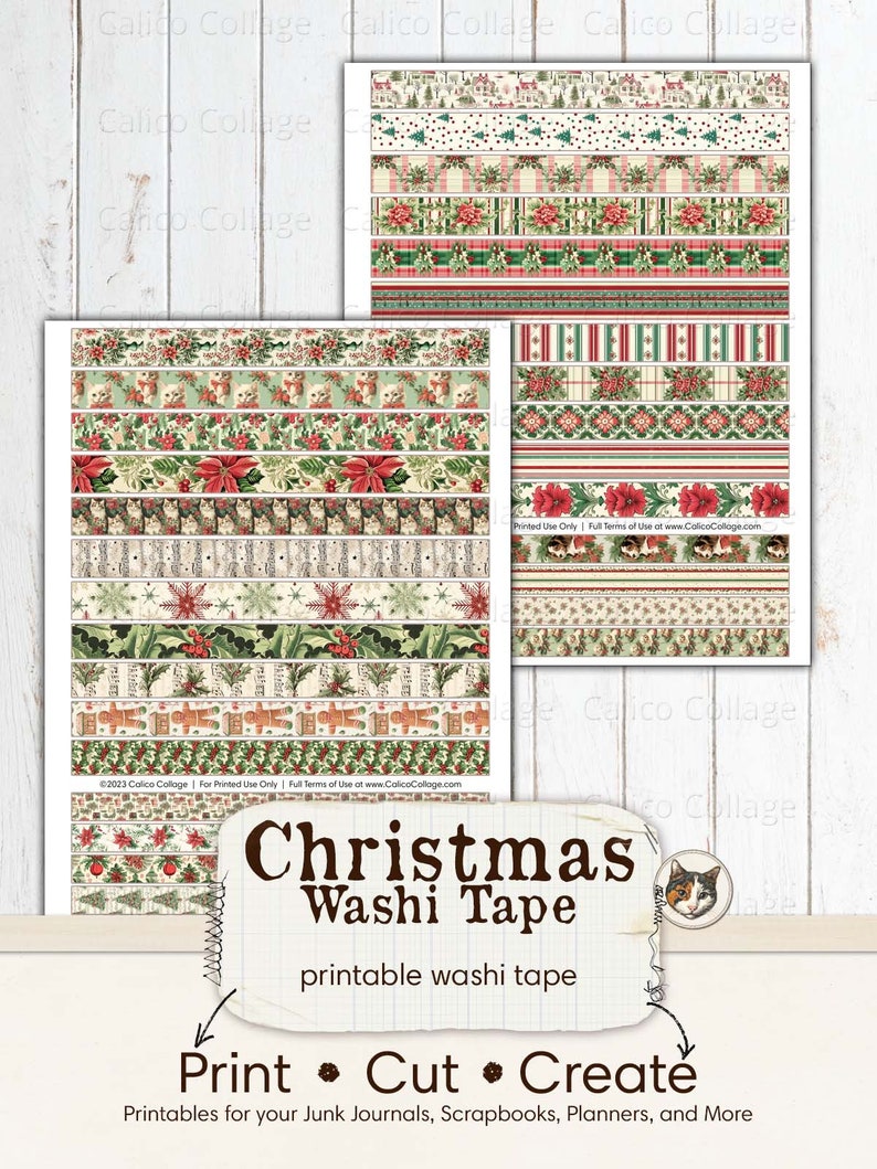 Christmas Washi Tape, Printable Holiday Ephemera Washi Tape Strips, Junk Journal Printable Ephemera Digital Download Collage Sheet image 3