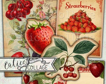 Strawberries and Cherries, Printable Ephemera Pack, Junk Journal, Journaling Spots
