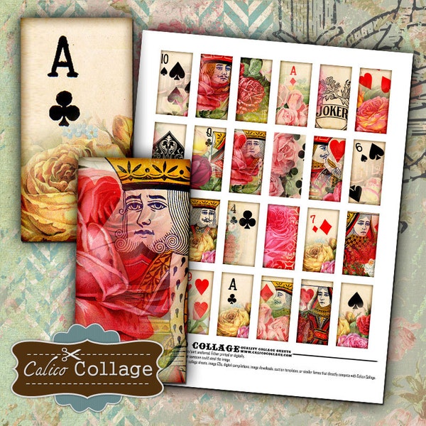 Playing Cards Digital Collage Sheet 1x2 Domino Images for Pendants, Resin, Magnets, Decoupage, Vintage Cards, Calico Collage, Pendant Images