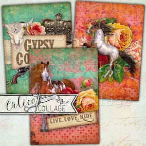 Imprimible, Gypsy Cowgirl, Etiquetas de regalo, Papel Decoupage, Digital, Scrapbooking, Tarjetas de diario, Diario basura, Caballos, Vaquera, Paquete efímero