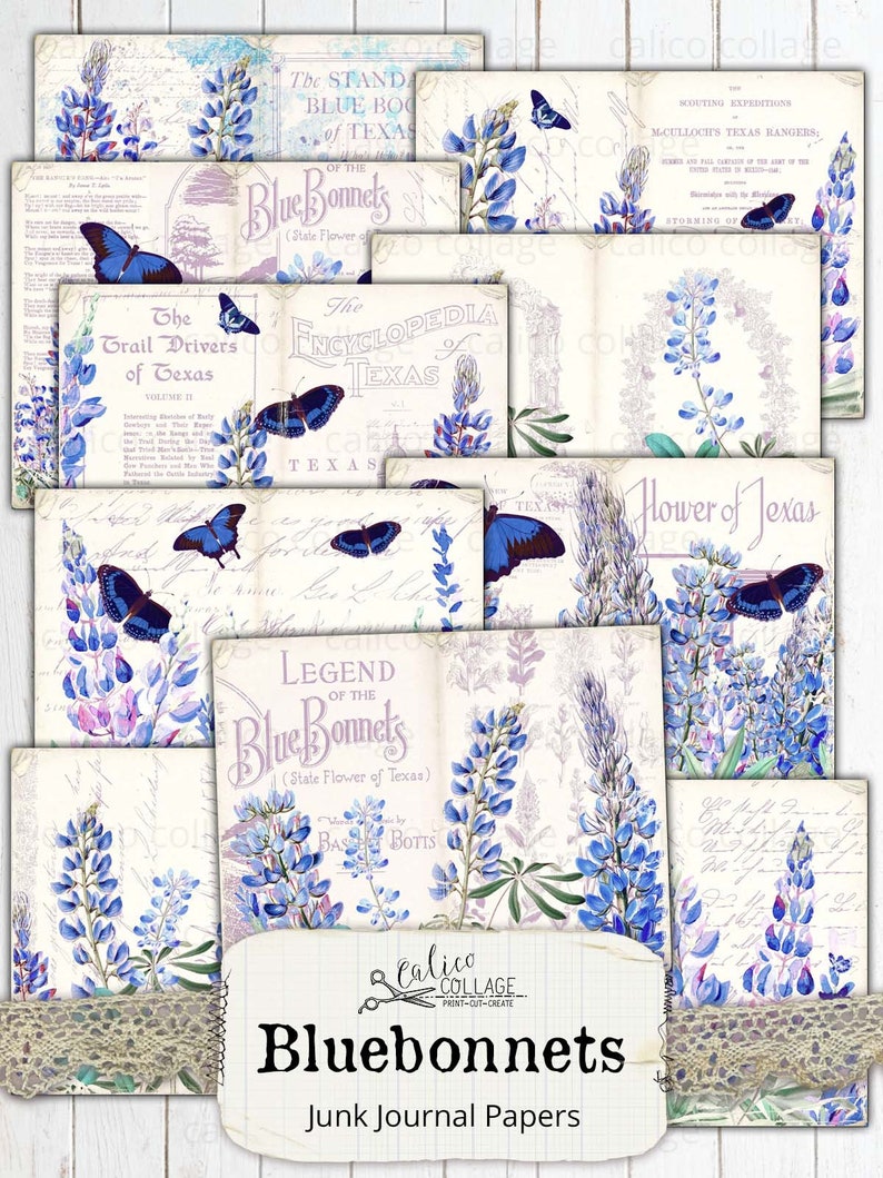 May include: A set of digital papers featuring bluebonnets, butterflies, and vintage text. The papers are perfect for scrapbooking, card making, and other paper crafts.