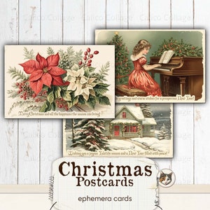 Puede incluir: Postales de Navidad imprimibles con ilustraciones vintage de una flor de pascua, una ni&ntilde;a tocando el piano y una casa nevada. El texto en las tarjetas dice "&iexcl;Feliz Navidad y toda la felicidad que la temporada puede traer!" y "&iexcl;Les deseo una alegre temporada navide&ntilde;a y un nuevo a&ntilde;o lleno de paz!"