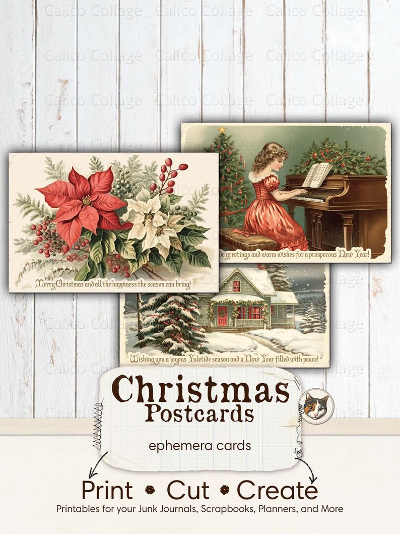 Puede incluir: Postales de Navidad imprimibles con ilustraciones vintage de una flor de pascua, una ni&ntilde;a tocando el piano y una casa nevada. El texto en las tarjetas dice "&iexcl;Feliz Navidad y toda la felicidad que la temporada puede traer!" y "&iexcl;Les deseo una alegre temporada navide&ntilde;a y un nuevo a&ntilde;o lleno de paz!"