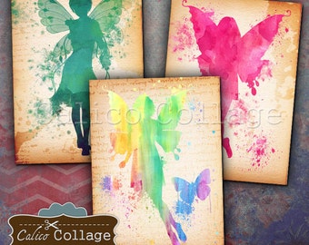 Watercolor Fairies 2.5x3.5 inch size Tags Digital Collage Sheet Printable Download Vintage Paper Craft Greeting Cards Paper Scrapbook Images