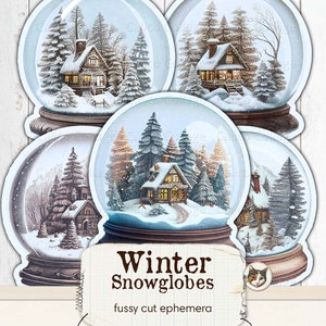 May include: Four printable winter snow globe images with a white background and a brown wooden base. Each snow globe features a small cottage with a snowy roof and trees. The text "Winter Snowglobes" is printed in brown on a white background with the words "fussy cut ephemera" printed below. The text "Print Cut Create" is printed in brown on a white background with the words "Printables for your Junk Journals, Scrapbooks, Planners, and More" printed below.