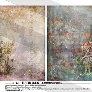 May include: Two digital collage sheets featuring vintage illustrations of fairies with flowers. The first sheet has a light brown background with a white flower and a fairy holding it. The second sheet has a dark blue background with a pink flower and a fairy holding it. The text "CALICO COLLAGE" is at the bottom of the sheets.