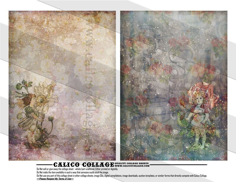 May include: Two digital collage sheets featuring vintage illustrations of fairies with flowers. The first sheet has a light brown background with a white flower and a fairy holding it. The second sheet has a dark blue background with a pink flower and a fairy holding it. The text "CALICO COLLAGE" is at the bottom of the sheets.