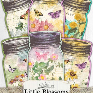 May include: A collection of mason jar-shaped tags with floral and butterfly designs. Each tag features a different arrangement of flowers and butterflies, with a vintage aesthetic. The text "Little Blossoms" and "Mason Jar Tags" is visible.