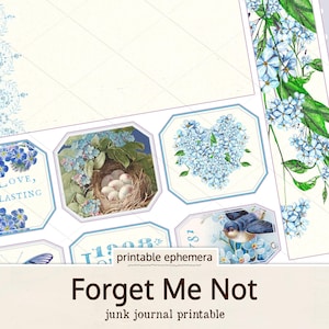 Forget Me Not Ephemera Pack, Français bleu papeterie Bullet Journal fournitures, Journal de scrapbooking, feuille de collage en téléchargement numérique