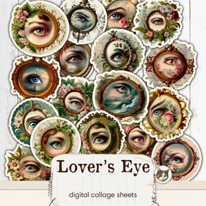 Lovers Eye Digital Download, Printable Lover&#39;s Eye Fussy Cuts, Victorian Eyes Digital Collage Sheet, Victorian Ephemera, Georgian Ephemera