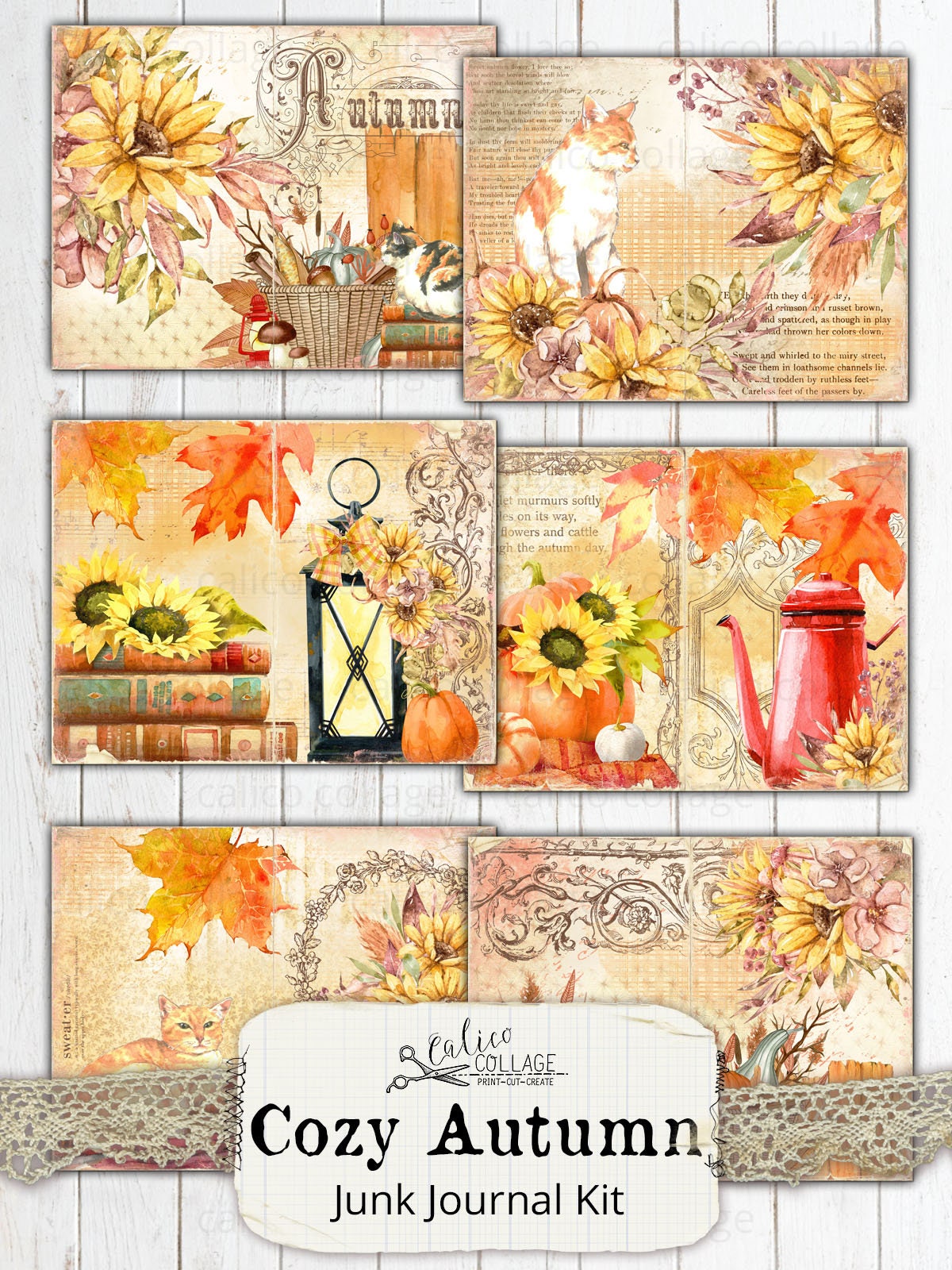 Printable Autumn Cat Junk Journal Kit, Fall Ephemera Pack, Shabby Chic ...