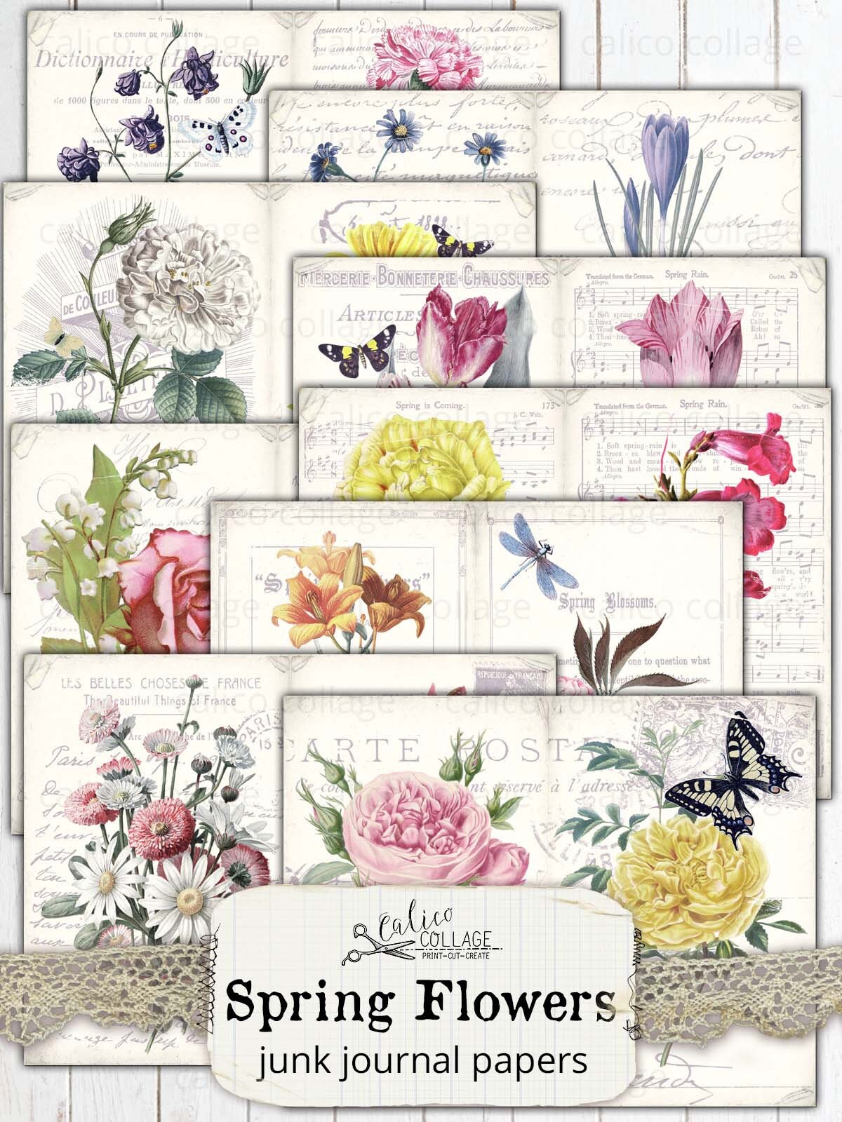 Spring Junk Journal Digital Paper Pack Prints, Spring Ephemera, Floral ...