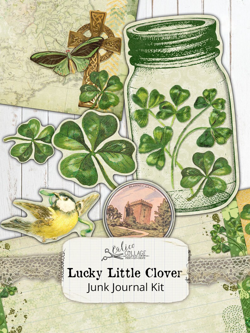 St Patricks Day Junk Journal Kit Ephemera Pack, Lucky Little Clover, Irish Ephemera image 4