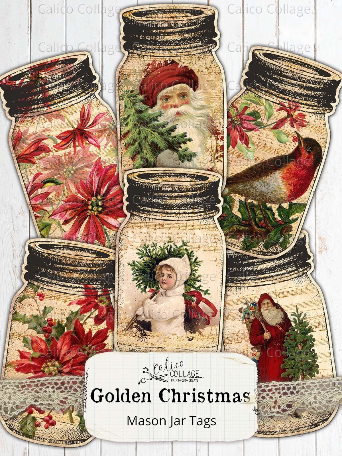 christmas mason jar tags, junk journal ephemera pack, printable