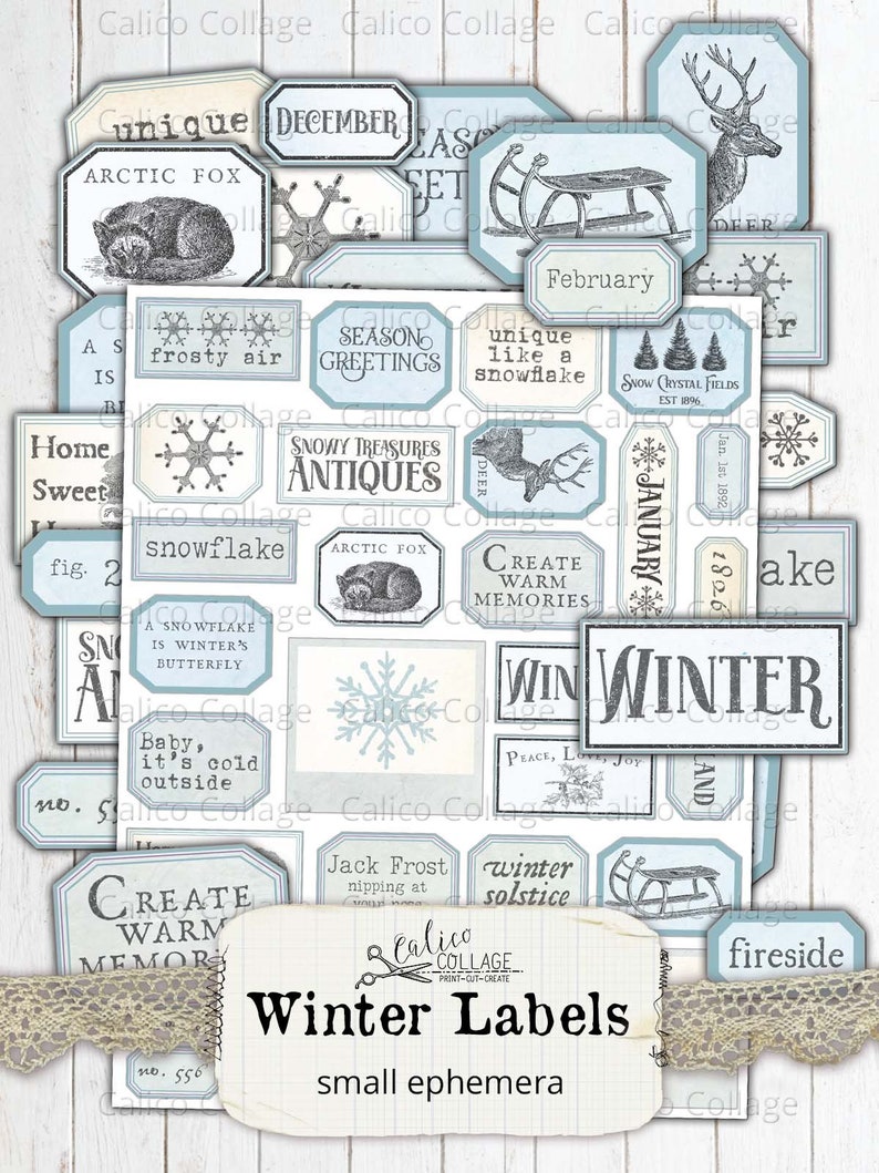 Small Winter Ephemera Labels, Printable Vintage Tags, Junk Journal ...