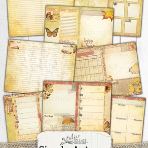 May include: A printable junk journal planner kit with an autumn theme. The kit includes pages with lined paper, calendar pages, weekly planner pages, and a page with a mushroom and leaves. The kit is titled "Simply Autumn" and has a vintage aesthetic.