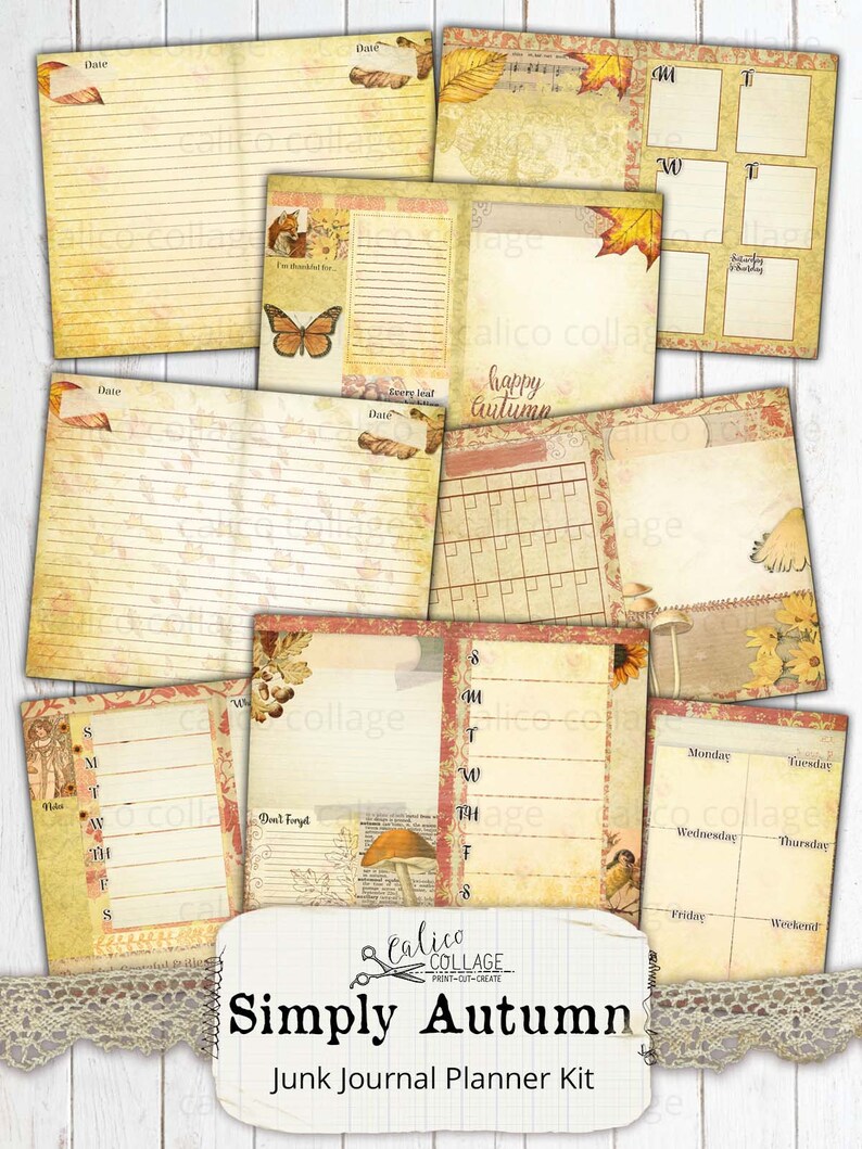 May include: A printable junk journal planner kit with an autumn theme. The kit includes pages with lined paper, calendar pages, weekly planner pages, and a page with a mushroom and leaves. The kit is titled "Simply Autumn" and has a vintage aesthetic.