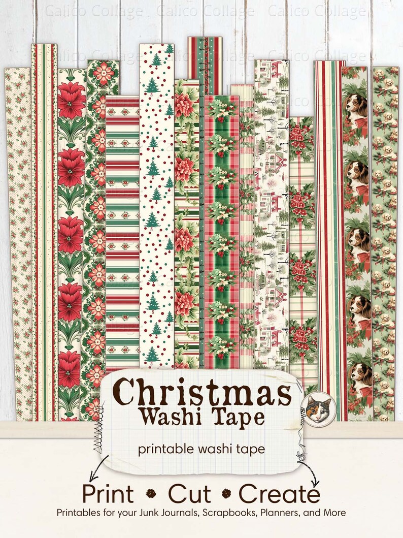 Christmas Washi Tape, Printable Holiday Ephemera Washi Tape Strips, Junk Journal Printable Ephemera Digital Download Collage Sheet image 4