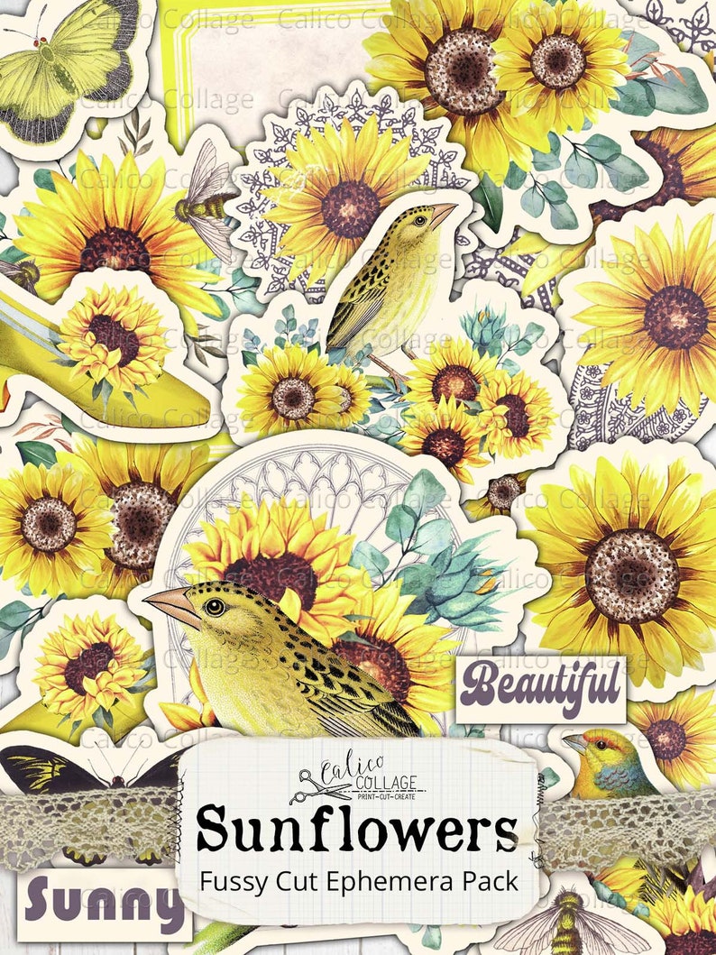 Printable Sunflower Ephemera Pack, Vintage Botanical Junk Journal Supplies, Bullet Journal, Digital Paper Prints, Scrapbook Paper image 7