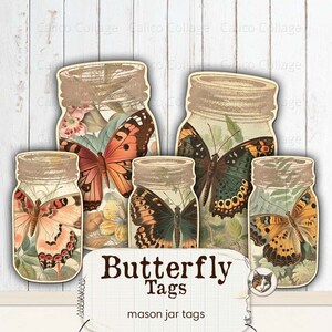 Mariposa Ephemera Mason Jar Tag imprimible, Boho Junk Journal imprimible, Naturaleza vintage, Hoja de collage de descarga digital, Mariposa imprimible