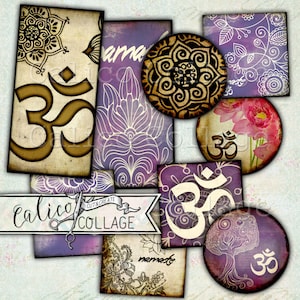 May include: A digital collage sheet with a purple, white, and gold color scheme. The sheet features various images, including the Om symbol, mandalas, and floral designs. The text "calico cut & create collage" is also included.