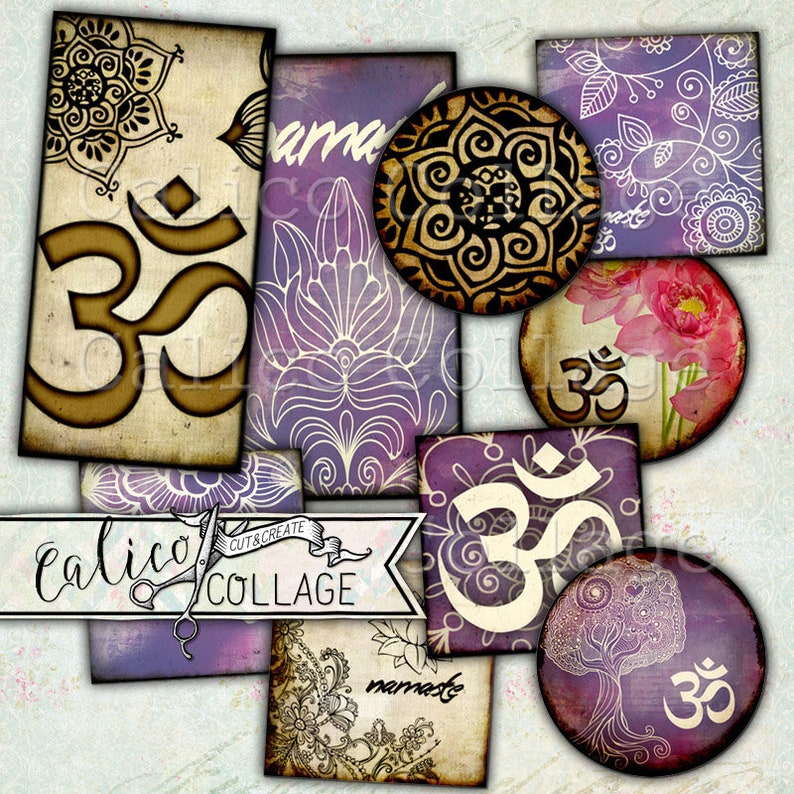 May include: A digital collage sheet with a purple, white, and gold color scheme. The sheet features various images, including the Om symbol, mandalas, and floral designs. The text "calico cut & create collage" is also included.