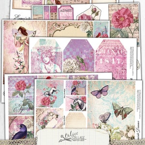 May include: A digital printable junk journal kit with a pink and blue color scheme. The kit features images of flowers, butterflies, birds, and unicorns. The text "Exquisite Dreamer" is printed on the kit.