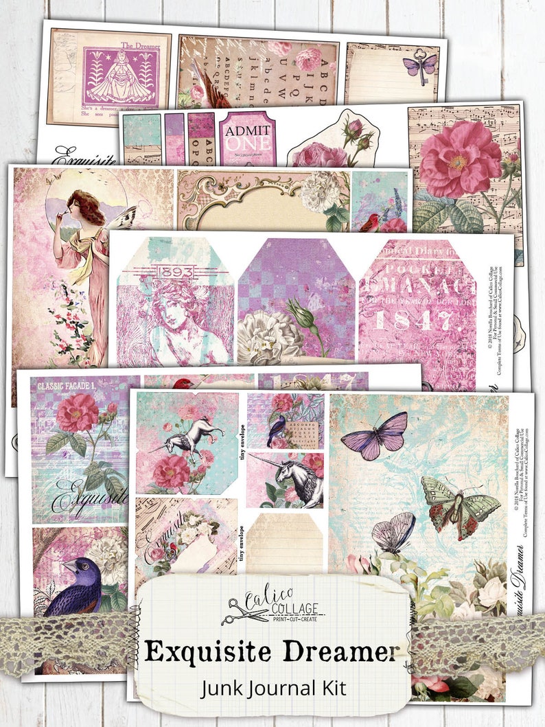 May include: A digital printable junk journal kit with a pink and blue color scheme. The kit features images of flowers, butterflies, birds, and unicorns. The text "Exquisite Dreamer" is printed on the kit.