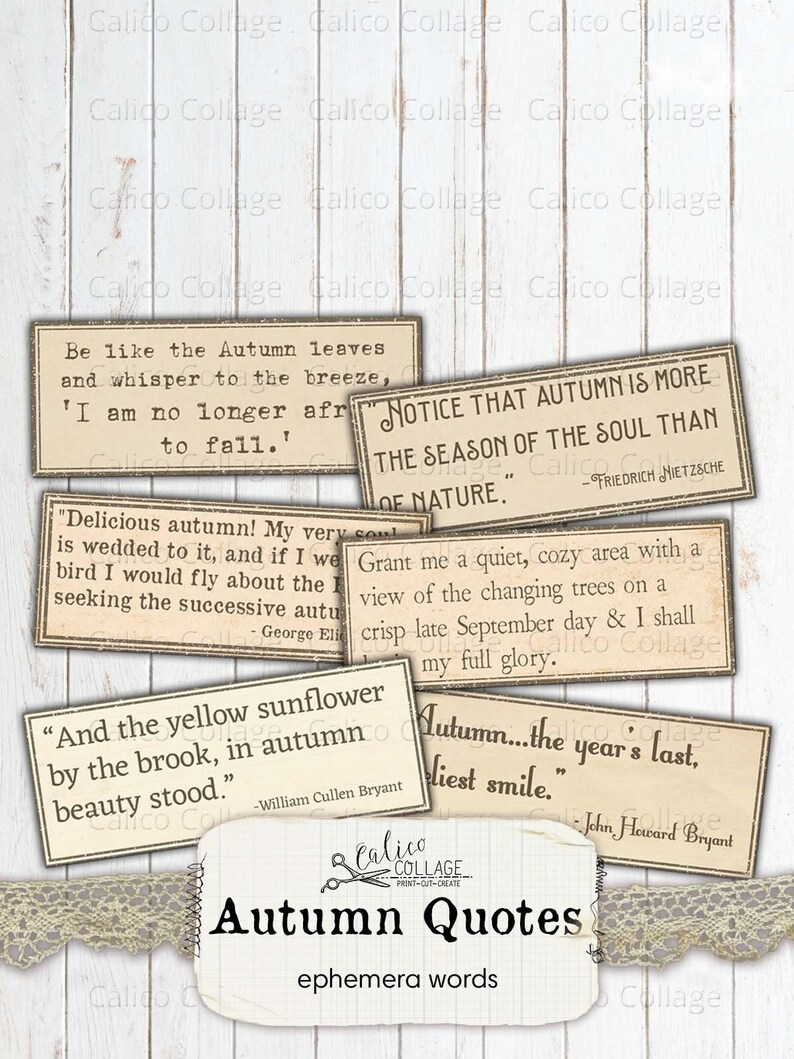 Puede incluir: Una colecci&oacute;n de citas sobre el oto&ntilde;o impresas en papel de estilo vintage con un borde de encaje. Las citas incluyen: "S&eacute; como las hojas de oto&ntilde;o y susurra a la brisa, 'Ya no tengo miedo de caer.'" y "Oto&ntilde;o... la &uacute;ltima sonrisa del a&ntilde;o."