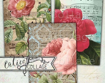Vintage Roses Journaling Cards, Junk Journal Supply