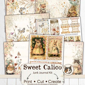 Kit de journal primitif, éphémères d’animaux imprimables, animaux de calico floral, animaux des bois, calicot doux, feuilles de collage, papier numérique