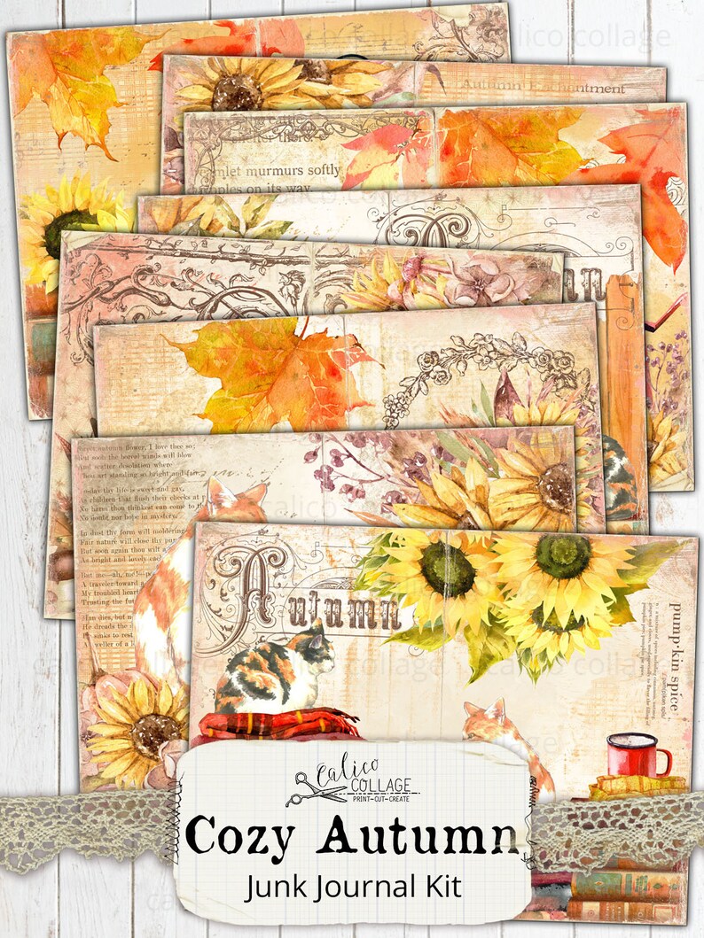 Printable Autumn Cat Junk Journal Kit, Fall Ephemera Pack, Shabby Chic ...