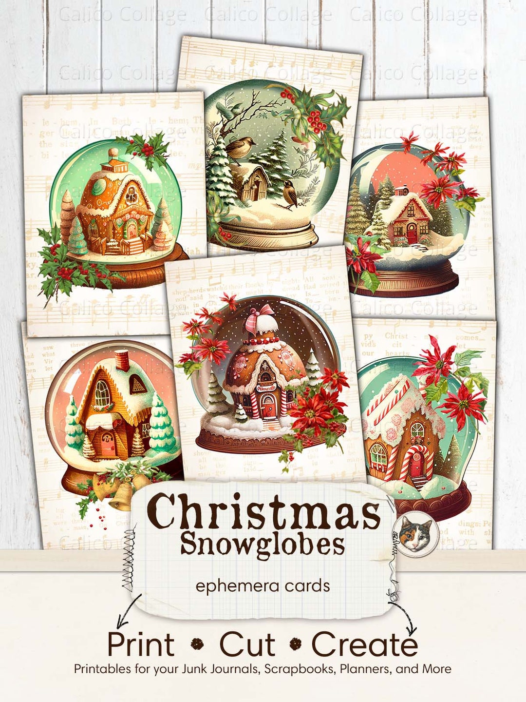 Printable Christmas Snowglobes Ephemera for Junk Journals, Printable