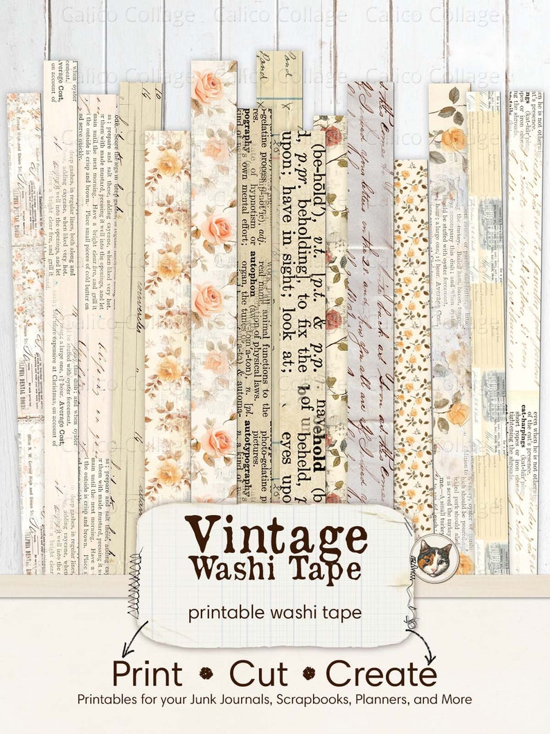Vintage Washi Tape, Printable Washi Tape Strips, Junk Journal Printable ...