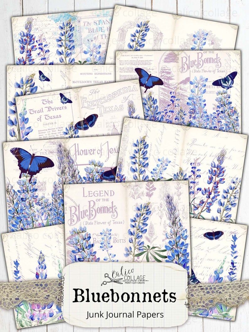 May include: A set of 10 digital printable papers featuring bluebonnets, butterflies, and vintage book pages with text about Texas. The papers are perfect for scrapbooking, card making, and other paper crafts.