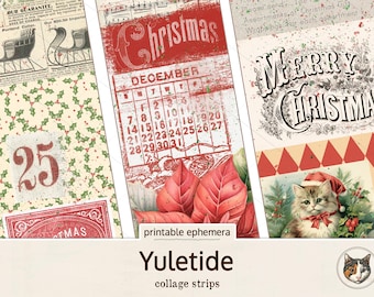 Tiras de collage navideñas, tiras imprimibles para diarios basura navideños, material efímero vintage para fiestas, tiras festivas para álbumes de recortes, descarga digital