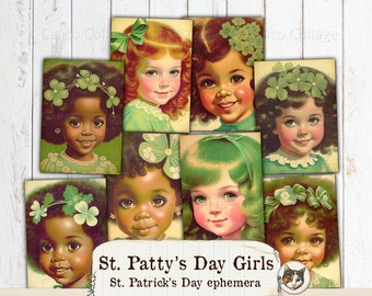 St Patricks Day Ephemera for Junk Journals, Printable St Patty's Day Girls, 70s Ephemera, Ephemera Pack, Green Ephemera, Saint Patricks Day