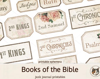 Etiquetas imprimibles de libros de la Biblia, suministros para diarios basura, fe, vintage, efímeras, diario, álbumes de recortes, papel digital, etiquetas desgastadas