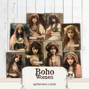 Boho Junk Journal imprimible, Tarjetas efímeras de mujeres boho, Hoja de collage de descarga digital, Efímera de álbum de recortes gitano, Flor salvaje