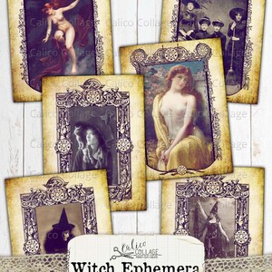 May include: A set of printable witch ephemera images. The images feature vintage illustrations of women in witch costumes, a woman with a cat, and a woman with a broom. The images are framed with ornate borders and have a vintage aesthetic.
