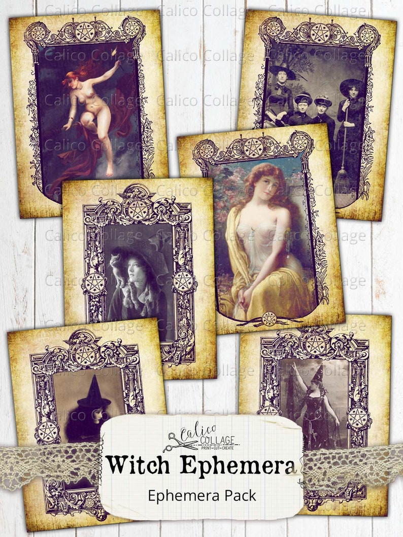May include: A set of printable witch ephemera images. The images feature vintage illustrations of women in witch costumes, a woman with a cat, and a woman with a broom. The images are framed with ornate borders and have a vintage aesthetic.