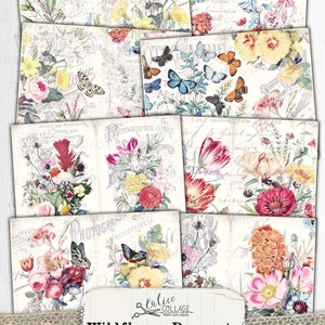 May include: A set of 10 digital papers featuring vintage-style illustrations of wildflower bouquets, butterflies, and handwritten text. The papers are perfect for scrapbooking, card making, and other crafting projects.