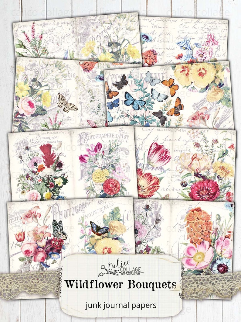 May include: A set of 10 digital papers featuring vintage-style illustrations of wildflower bouquets, butterflies, and handwritten text. The papers are perfect for scrapbooking, card making, and other crafting projects.
