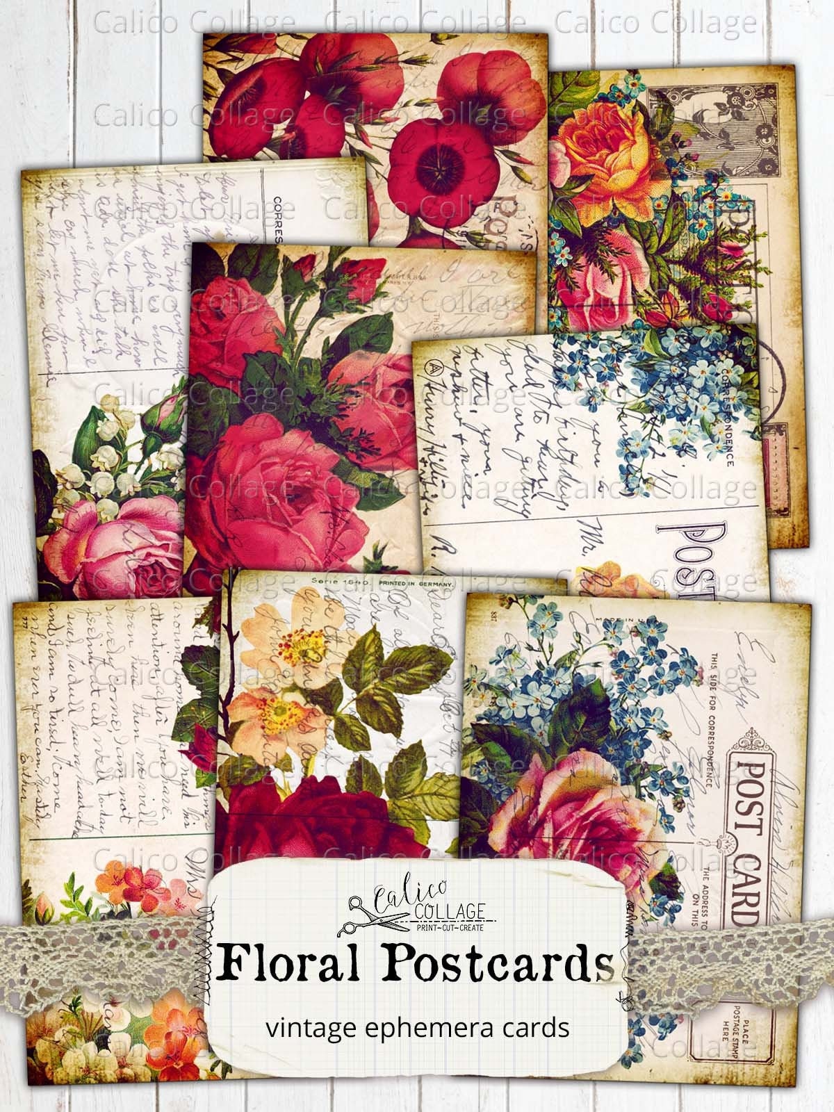 Printable Vintage Floral Postcard Junk Journal Ephemera Etsy