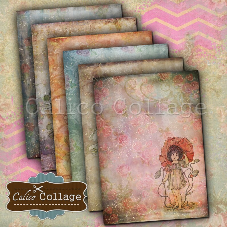 May include: A set of six digital paper backgrounds featuring a vintage aesthetic with a faded, textured look. The papers feature a variety of colors, including pink, blue, green, and brown. The papers are decorated with floral patterns and a whimsical illustration of a girl holding a poppy.